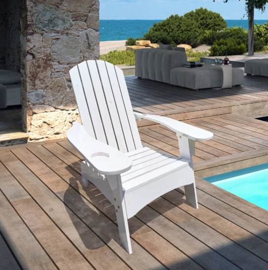 Adirondack chair with wide arms and reclined slatted back
