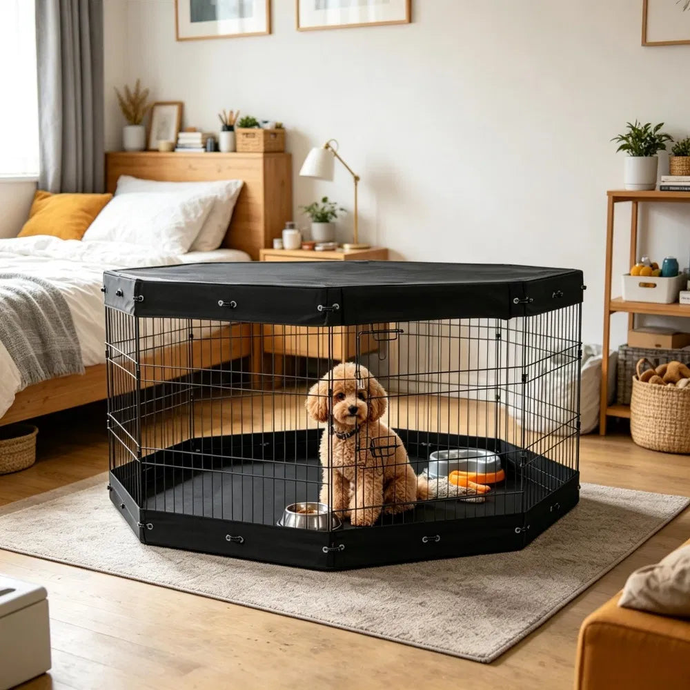 Puppy inside the octagonal playpen