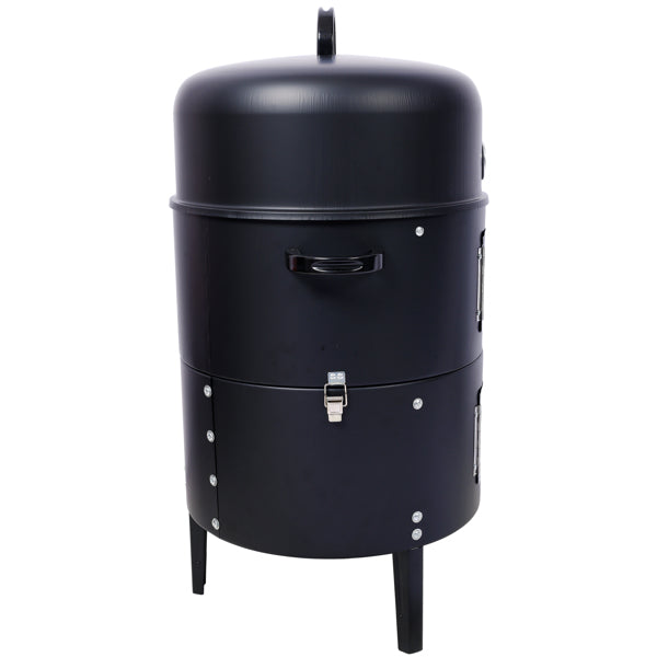 Angled view of the assembled smoker showing the latch and both access doors