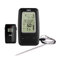 Black digital meat thermometer display unit with a large screen and a coiled stainless steel probe on a cord, shown beside its smaller handheld remote receiver.