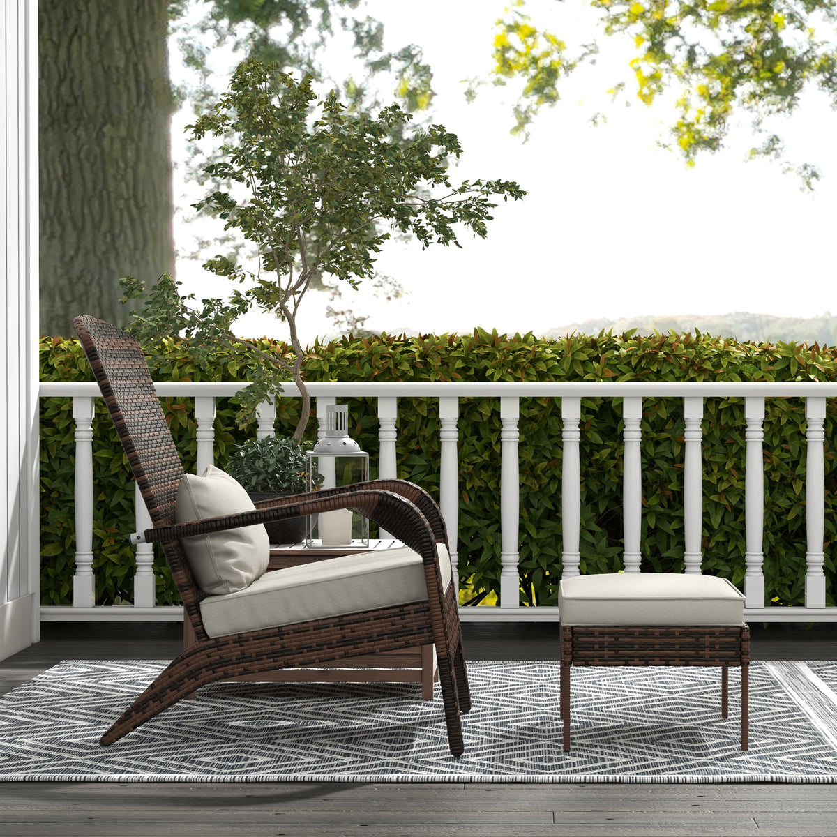 Chair shown on a deck beside a railing