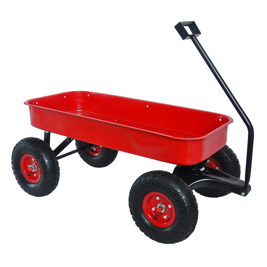 The wagon with the wooden rails removed, leaving the open red steel bed