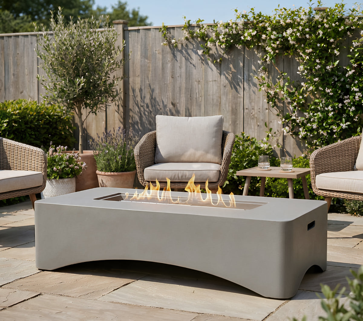 Fire table showing the built-in propane tank seat