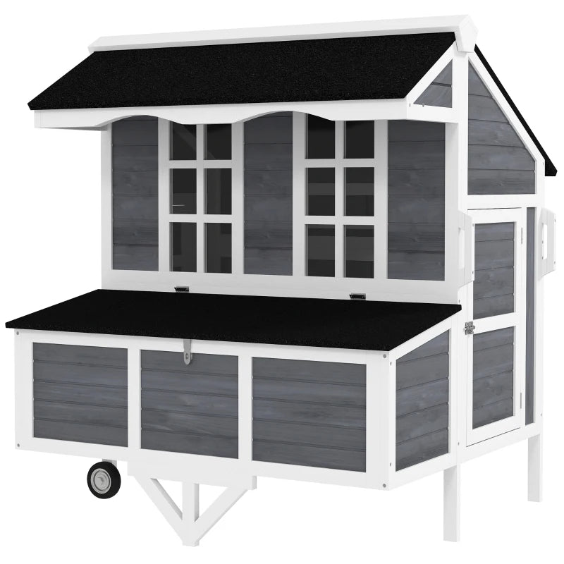 Gray mobile chicken coop with wheels