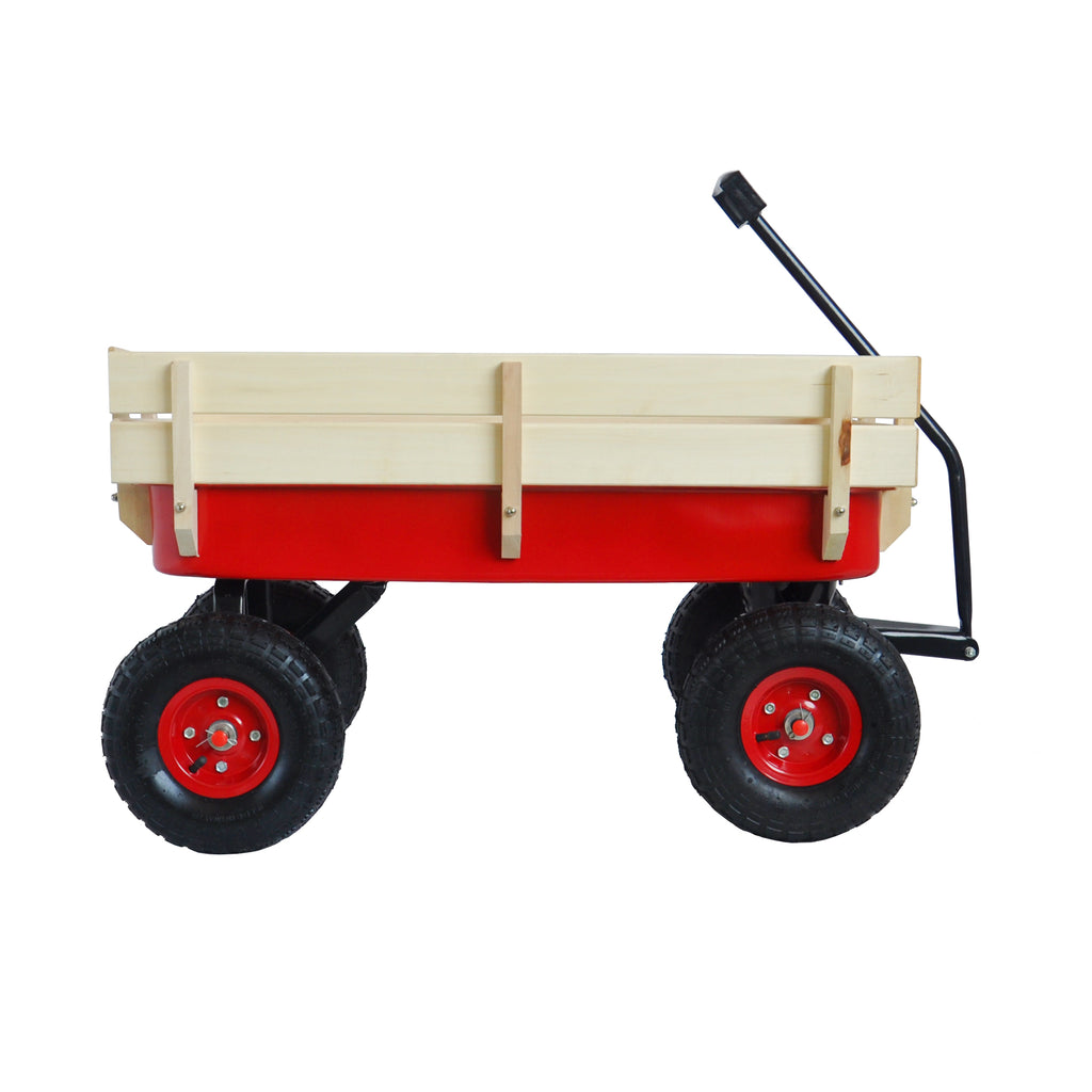 Side view of the wagon showing the wooden slat rails and four black air filled tires
