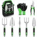 The eight tools and gloves laid out