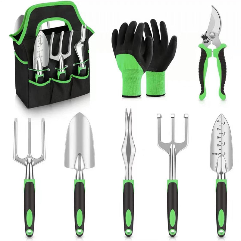 The eight tools and gloves laid out