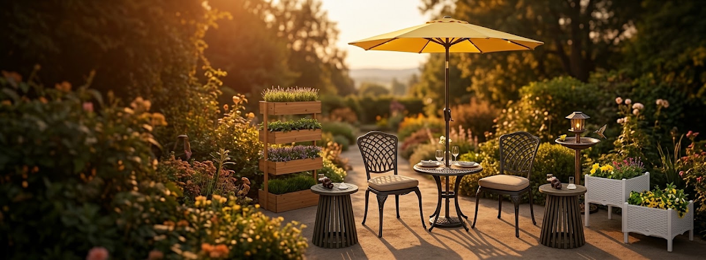 A patio bistro set and yellow umbrella in a flowering garden at golden hour
