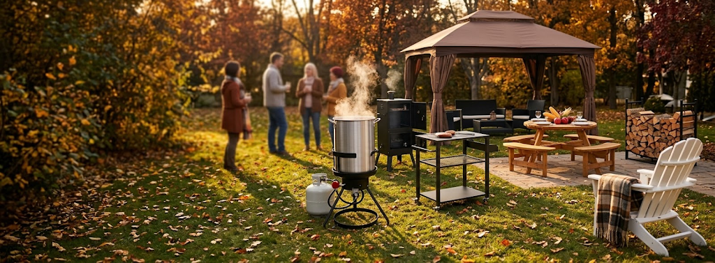 An autumn backyard gathering with a turkey fryer, smoker, grill cart and gazebo among falling leaves