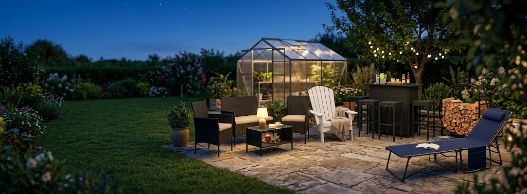 A backyard lounge at dusk with rattan seating, a bar set, firewood and a lit greenhouse